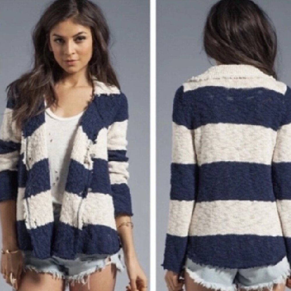 Free People Navy Blue and Cream Stripe Coat of Arms Jacket Cardigan Medium